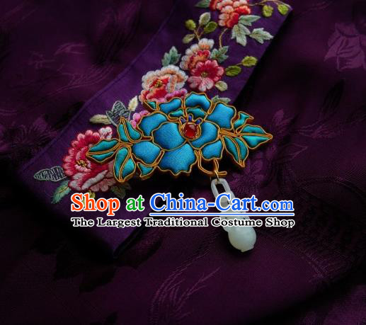 Chinese Classical Cheongsam Blue Silk Peony Brooch Traditional Hanfu Accessories Handmade Jade Vase Breastpin Pendant for Women