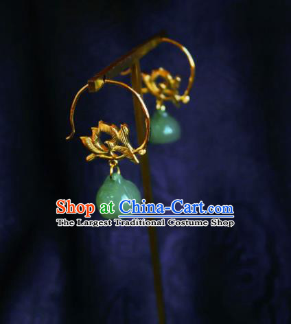 Chinese Handmade Jade Lotus Seedpod Earrings Traditional Hanfu Ear Jewelry Accessories Ancient Princess Golden Eardrop for Women