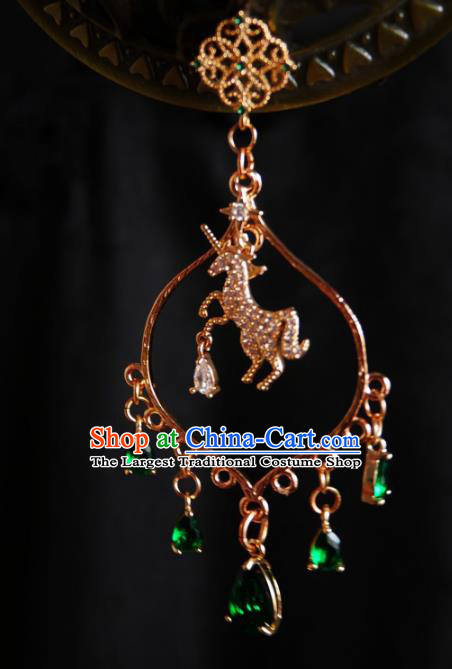 Chinese Handmade Green Zircon Earrings Traditional Hanfu Ear Jewelry Accessories Golden Horse Eardrop for Women