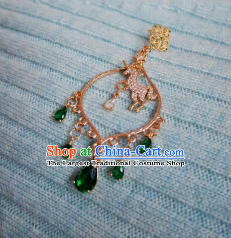 Chinese Handmade Green Zircon Earrings Traditional Hanfu Ear Jewelry Accessories Golden Horse Eardrop for Women
