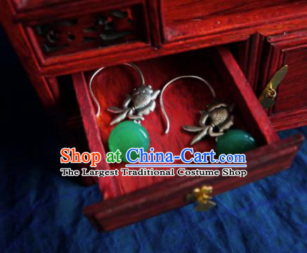 Chinese Handmade Jade Lotus Seedpod Earrings Traditional Hanfu Ear Jewelry Accessories Ancient Princess Silver Fish Eardrop for Women