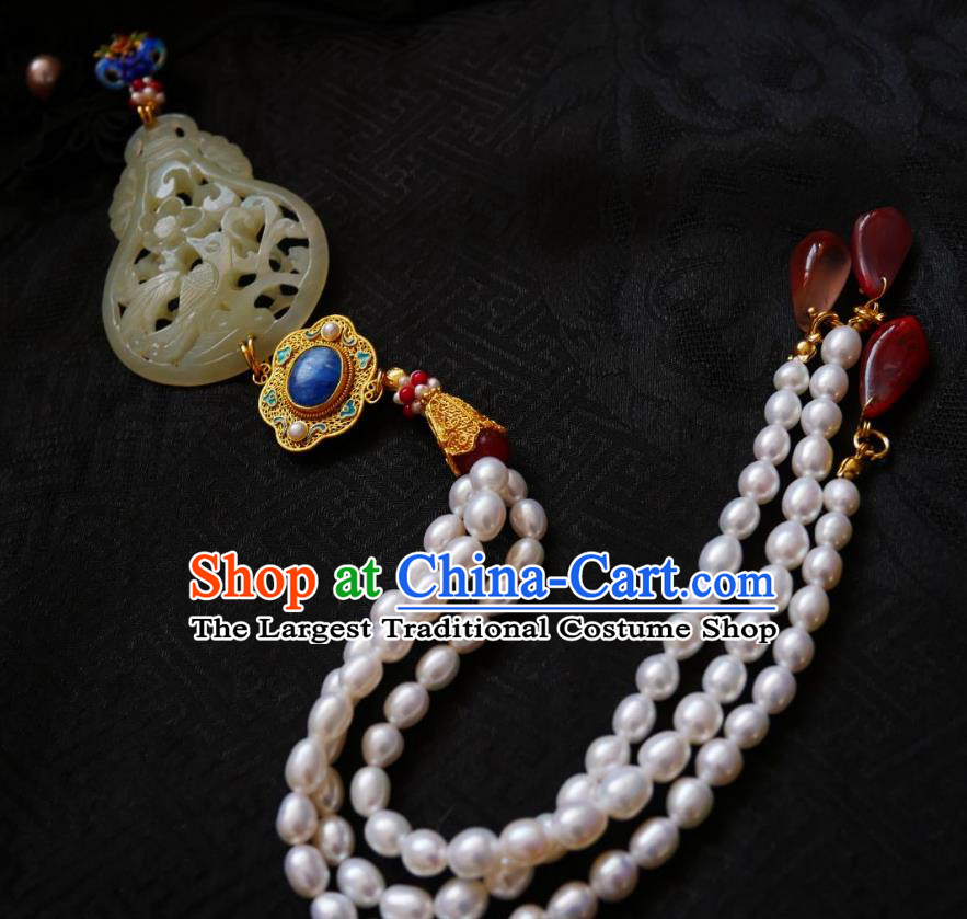 Chinese Classical Cheongsam Jade Cucurbit Brooch Traditional Hanfu Accessories Handmade Breastpin Pearls Tassel Pendant for Women