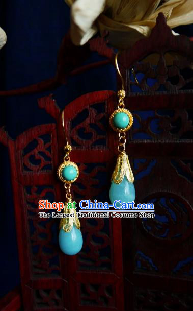 Chinese Handmade Blue Stone Earrings Traditional Hanfu Ear Jewelry Accessories Ancient Princess Eardrop for Women