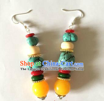 Traditional Chinese Zang Ethnic Green Stone Earrings Folk Dance Ear Accessories Handmade Tibetan Nationality Eardrop for Women