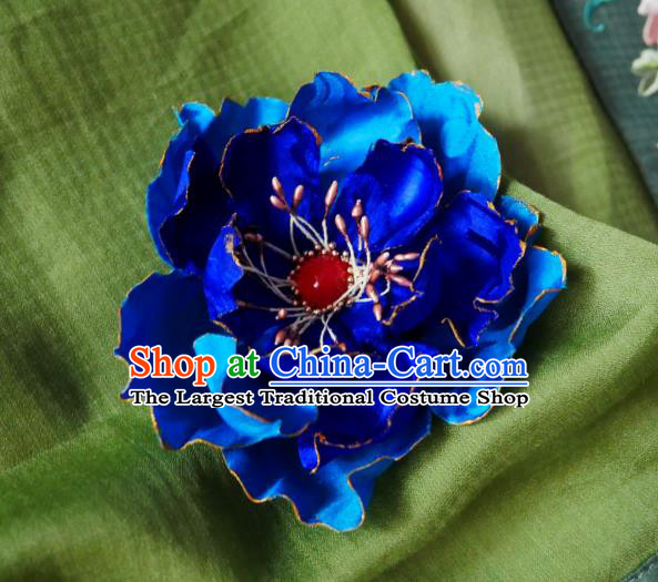 Handmade Chinese Royalblue Silk Peony Hairpins Traditional Hanfu Hair Accessories Ancient Song Dynasty Court Hair Clip for Women
