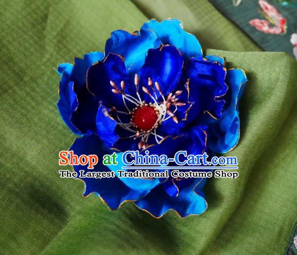 Handmade Chinese Royalblue Silk Peony Hairpins Traditional Hanfu Hair Accessories Ancient Song Dynasty Court Hair Clip for Women