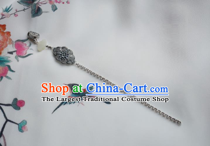 Chinese Classical Cheongsam Silver Carving Flower Brooch Traditional Hanfu Accessories Handmade Tassel Breastpin Pendant for Women