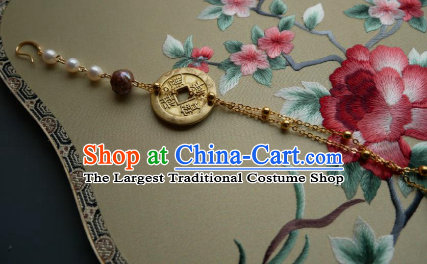 Chinese Classical Cheongsam Copper Cash Brooch Traditional Hanfu Accessories Handmade Pearls Tassel Breastpin Pendant for Women