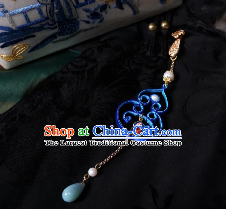 Chinese Classical Cheongsam Blue Silk Cucurbit Brooch Traditional Hanfu Accessories Handmade Aventurine Tassel Breastpin Pendant for Women