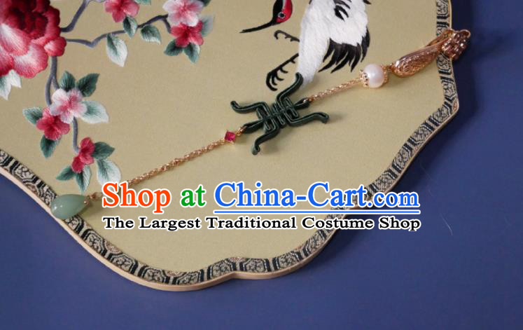 Chinese Classical Cheongsam Green Silk Longevity Brooch Traditional Hanfu Accessories Handmade Aventurine Tassel Breastpin Pendant for Women