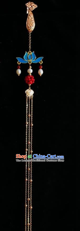 Chinese Classical Cheongsam Blue Lotus Brooch Traditional Hanfu Accessories Handmade Pearls Tassel Breastpin Pendant for Women