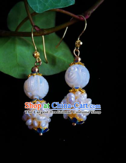 Chinese Handmade Qing Dynasty Shell Carving Earrings Traditional Hanfu Ear Jewelry Accessories Classical White Pearls Eardrop for Women