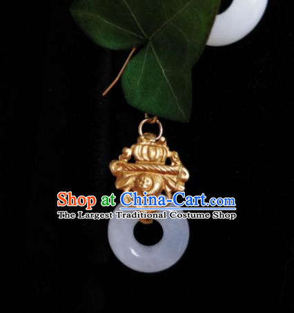 Chinese Handmade Qing Dynasty White Jade Ring Ring Earrings Traditional Hanfu Ear Jewelry Accessories Classical Court Golden Eardrop for Women