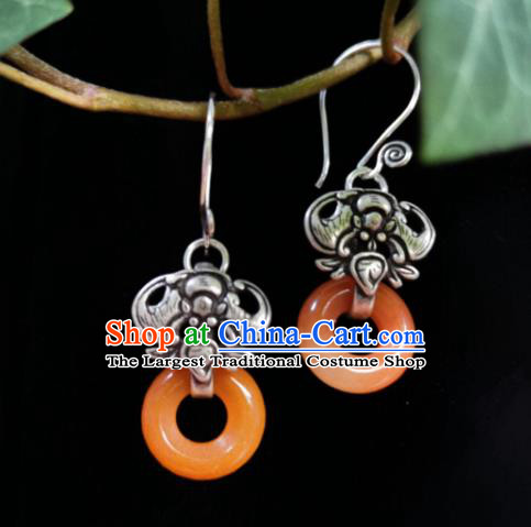 Chinese Handmade Qing Dynasty Red Jade Ring Ring Earrings Traditional Hanfu Ear Jewelry Accessories Classical Court Silver Carving Bat Eardrop for Women