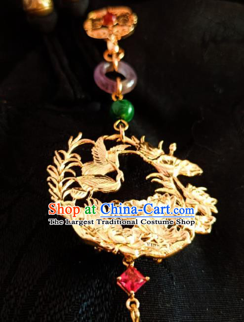 Chinese Classical Golden Crane Brooch Traditional Hanfu Cheongsam Accessories Handmade Green Carving Breastpin Pendant for Women