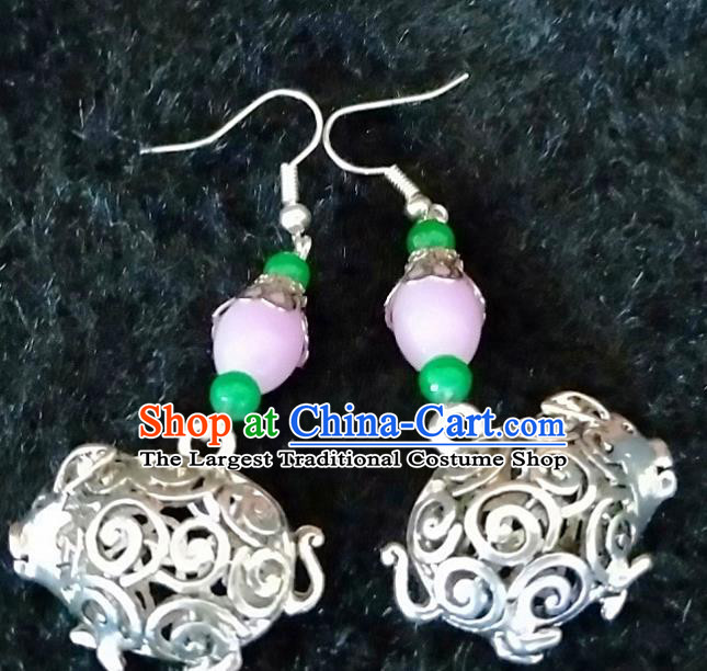 Traditional Chinese Zang Ethnic Carving Pig Earrings Folk Dance Ear Accessories Handmade Tibetan Nationality Eardrop for Women
