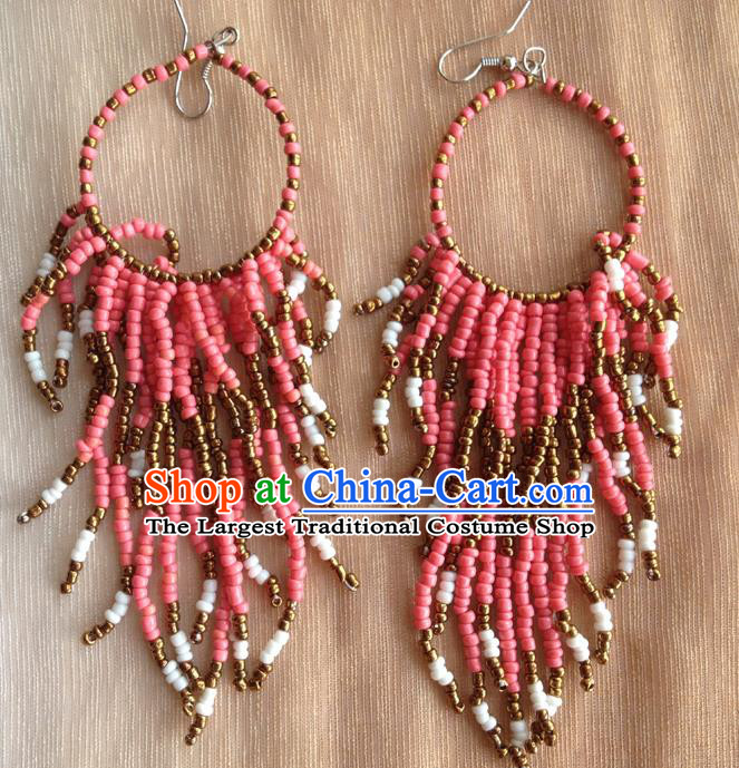 Traditional Chinese Zang Ethnic Pink Beads Tassel Earrings Folk Dance Ear Accessories Handmade Tibetan Nationality Eardrop for Women