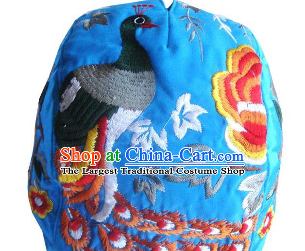 Chinese Traditional Folk Dance Hat Decoration Handmade Ethnic Peacock Dance Headdress Stage Show Embroidered Blue Cap for Women