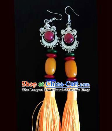 Traditional Chinese Zang Ethnic Folk Dance Yellow Tassel Earrings Exaggerate Ear Accessories Handmade Tibetan Nationality Stage Show Eardrop for Women