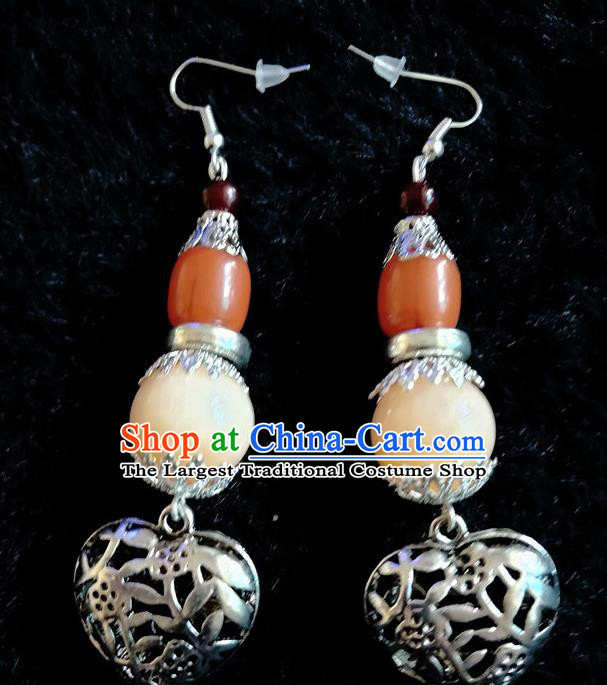 Traditional Chinese Zang Ethnic Silver Carving Earrings Exaggerate Ear Accessories Handmade Tibetan Nationality Stage Show Eardrop for Women