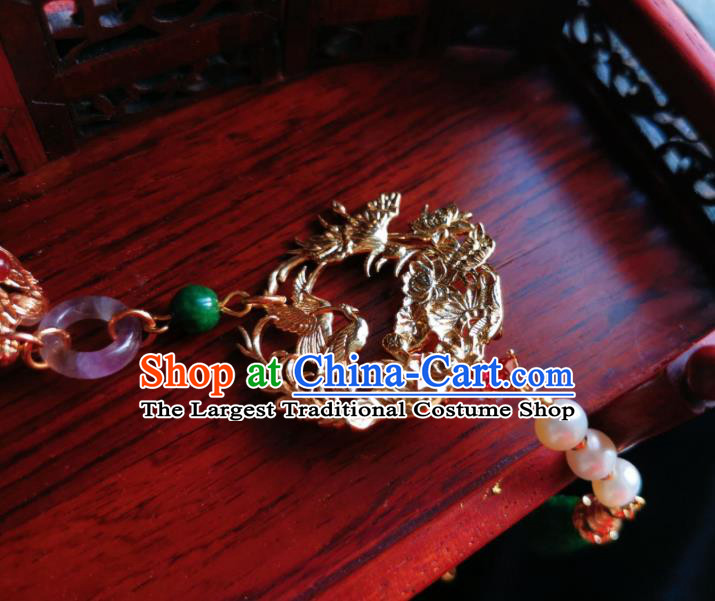 Chinese Classical Golden Crane Brooch Traditional Hanfu Cheongsam Accessories Handmade Green Carving Breastpin Pendant for Women