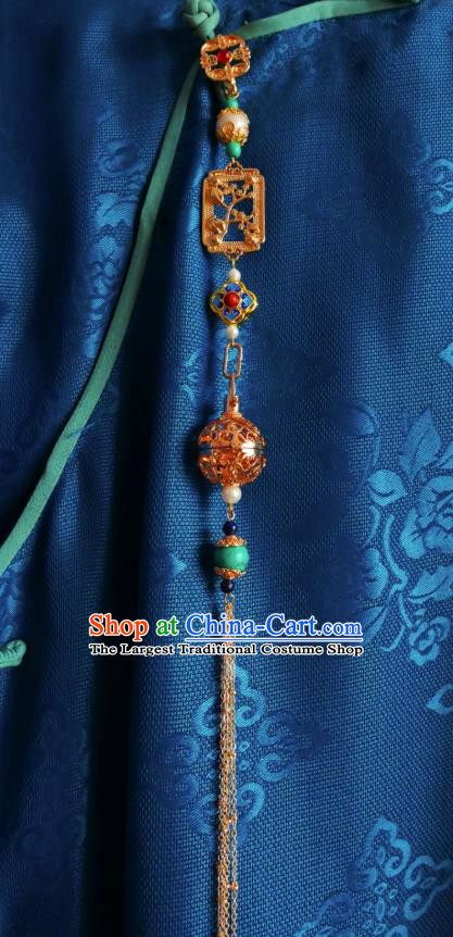 Chinese Classical Carving Plum Brooch Traditional Hanfu Cheongsam Accessories Handmade Golden Sachet Tassel Breastpin Pendant for Women