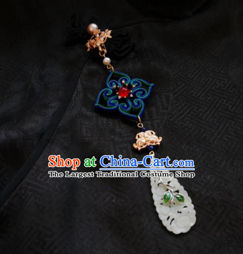 Chinese Classical Jade Carving Brooch Traditional Hanfu Cheongsam Accessories Handmade Silk Breastpin Pendant for Women