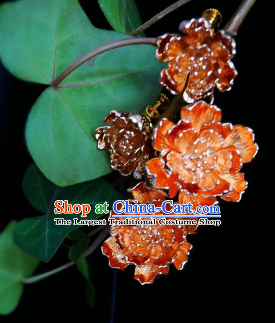 Chinese Handmade Qing Dynasty Brass Peony Earrings Traditional Hanfu Ear Jewelry Accessories Classical Court Eardrop for Women