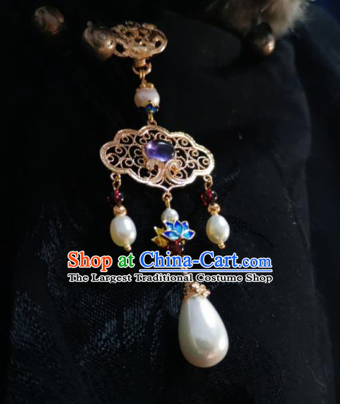 Chinese Classical Lilac Chalcedony Brooch Traditional Hanfu Cheongsam Accessories Handmade Blueing Lotus Breastpin Pendant for Women