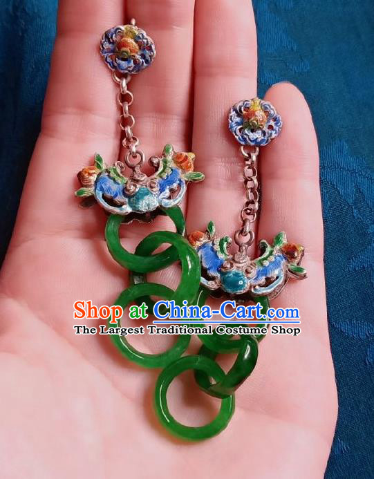Chinese Handmade Court Jade Rings Earrings Traditional Hanfu Ear Jewelry Accessories Classical Cloisonne Bat Eardrop for Women