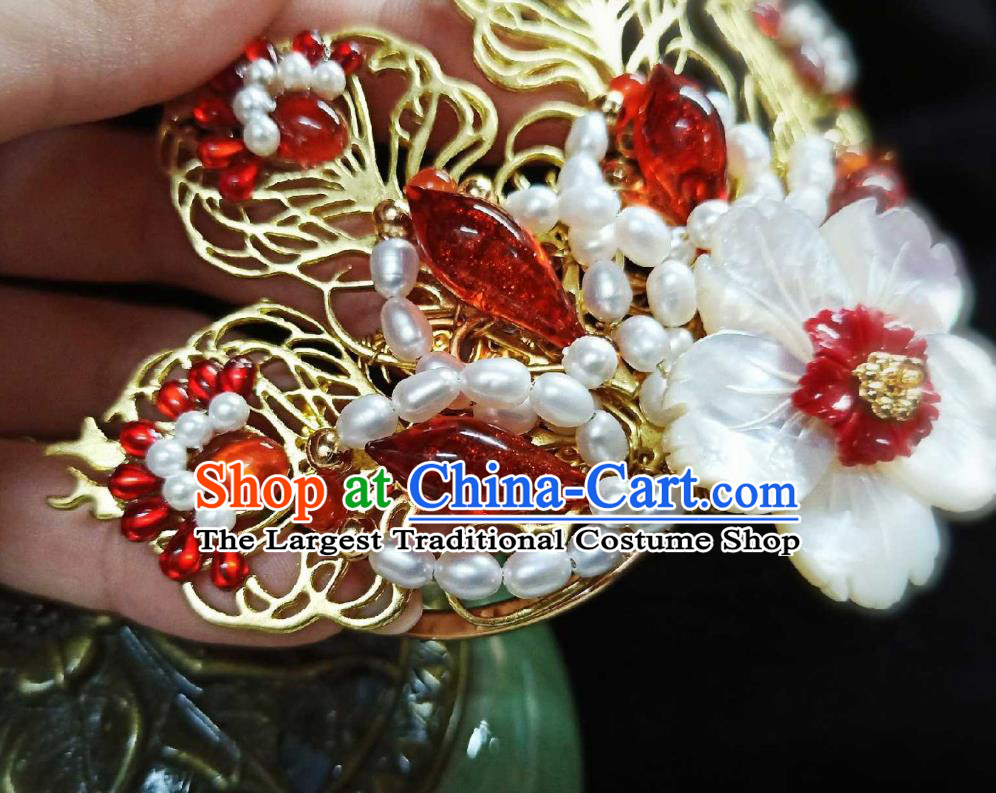 Handmade Chinese Pearls Hair Crown Hairpins Traditional Hanfu Hair Accessories Ancient Qing Dynasty Shell Flower Hair Clip for Women