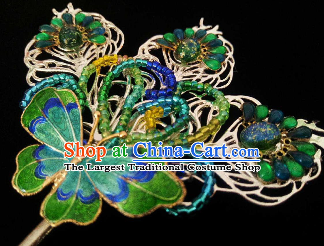 Handmade Chinese Green Beads Butterfly Hairpins Traditional Hanfu Hair Accessories Ancient Qing Dynasty Hair Clip for Women
