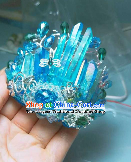 Handmade Chinese Blue Crystal Hair Crown Hairpins Traditional Hanfu Hair Accessories Ancient Court Hair Clip for Women