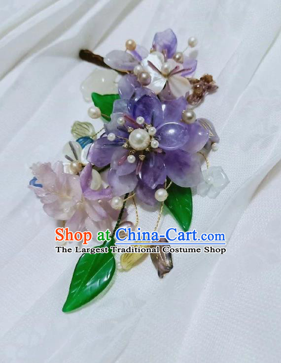 Handmade Chinese Amethyst Flowers Hair Stick Hairpins Traditional Hanfu Hair Accessories Ancient Court Hair Claw for Women