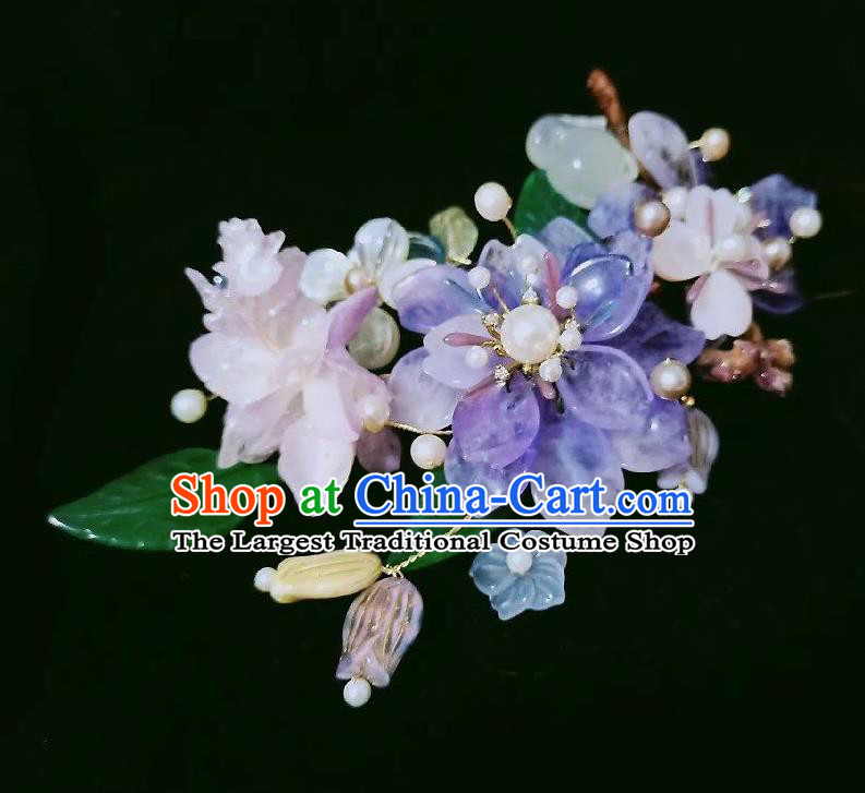 Handmade Chinese Amethyst Flowers Hair Stick Hairpins Traditional Hanfu Hair Accessories Ancient Court Hair Claw for Women