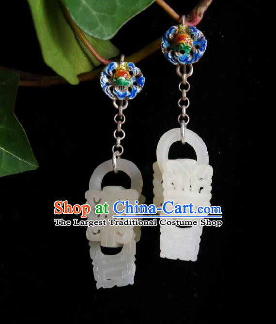 Chinese Handmade Court Jade Lock Earrings Traditional Hanfu Ear Jewelry Accessories Classical Cloisonne Eardrop for Women