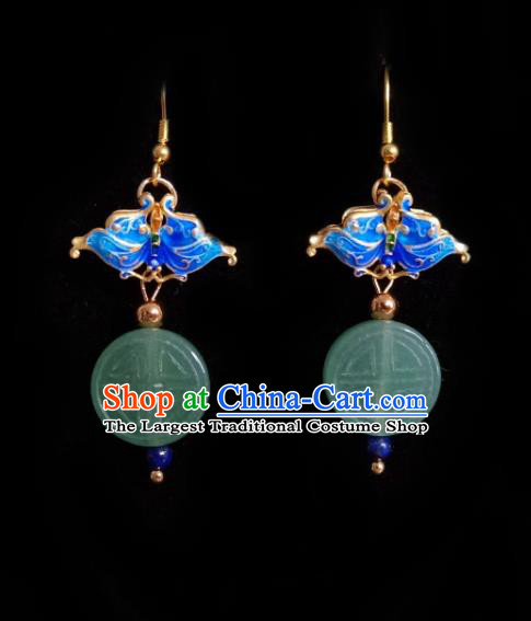 Chinese Handmade Court Green Jade Earrings Traditional Hanfu Ear Jewelry Accessories Classical Cloisonne Butterfly Eardrop for Women