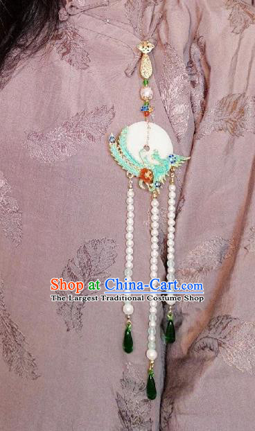 Chinese Classical Shell Brooch Traditional Hanfu Accessories Handmade Cheongsam Cloisonne Phoenix Breastpin Tassel Pendant for Women