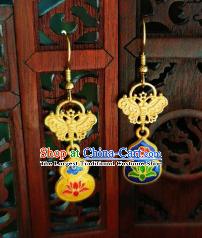 Chinese Handmade Qing Dynasty Golden Butterfly Earrings Traditional Hanfu Ear Jewelry Accessories Classical Court Cloisonne Eardrop for Women