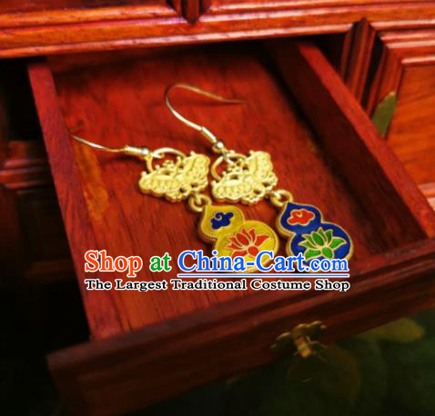 Chinese Handmade Qing Dynasty Golden Butterfly Earrings Traditional Hanfu Ear Jewelry Accessories Classical Court Cloisonne Eardrop for Women
