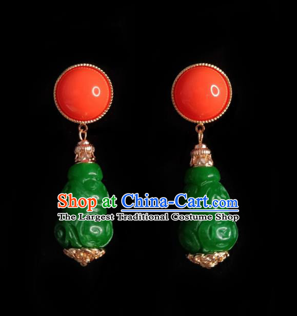 Chinese Handmade Qing Dynasty Green Carving Cucurbit Earrings Traditional Hanfu Ear Jewelry Accessories Classical Court Eardrop for Women