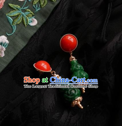Chinese Handmade Qing Dynasty Green Carving Cucurbit Earrings Traditional Hanfu Ear Jewelry Accessories Classical Court Eardrop for Women