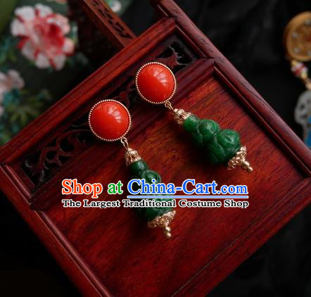 Chinese Handmade Qing Dynasty Green Carving Cucurbit Earrings Traditional Hanfu Ear Jewelry Accessories Classical Court Eardrop for Women