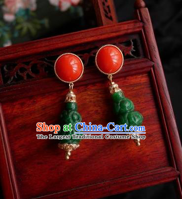 Chinese Handmade Qing Dynasty Green Carving Cucurbit Earrings Traditional Hanfu Ear Jewelry Accessories Classical Court Eardrop for Women