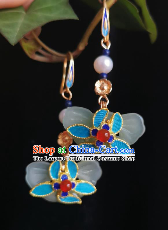 Chinese Handmade Qing Dynasty Blueing Earrings Traditional Hanfu Ear Jewelry Accessories Classical Court Jade Butterfly Eardrop for Women