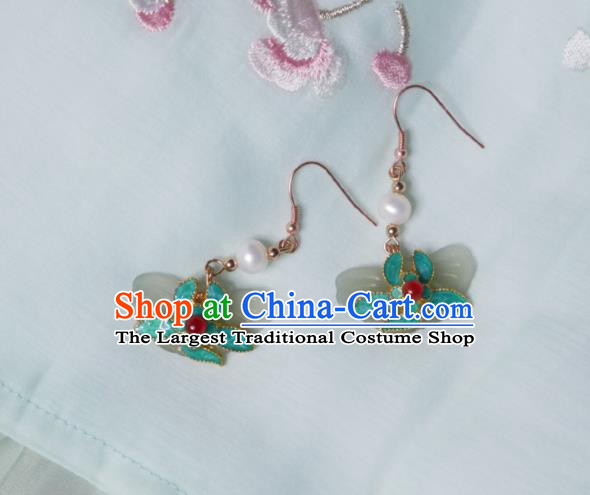 Chinese Handmade Qing Dynasty Green Flower Earrings Traditional Hanfu Ear Jewelry Accessories Classical Court Jade Butterfly Eardrop for Women