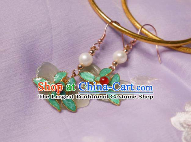 Chinese Handmade Qing Dynasty Green Flower Earrings Traditional Hanfu Ear Jewelry Accessories Classical Court Jade Butterfly Eardrop for Women