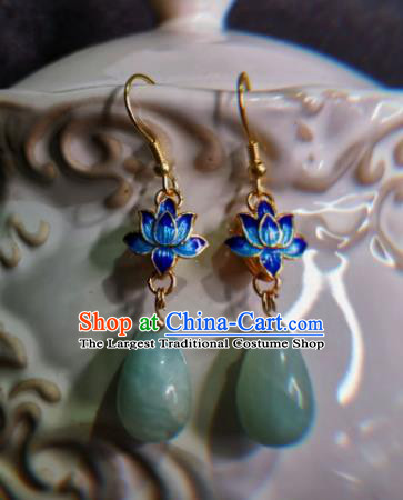 Chinese Handmade Qing Dynasty Jade Earrings Traditional Hanfu Ear Jewelry Accessories Classical Blueing Lotus Eardrop for Women