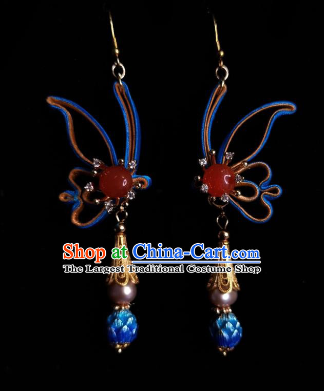 Chinese Handmade Agate Earrings Traditional Hanfu Ear Jewelry Accessories Classical Cloisonne Silk Butterfly Eardrop for Women