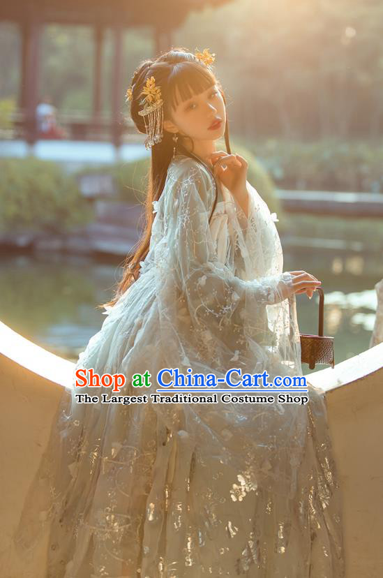 Top Chinese Tang Dynasty Embroidered Costumes Traditional Hanfu Garment Ancient Young Lady Cloak Blouse and Dress Complete Set